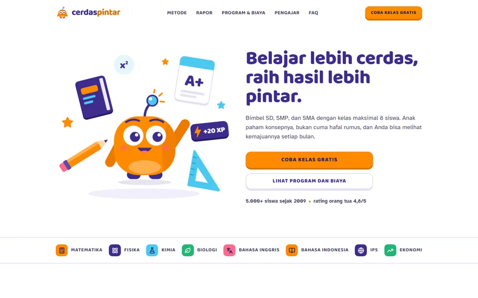 Paro atas demo landing page Cerdas Pintar, bimbingan belajar