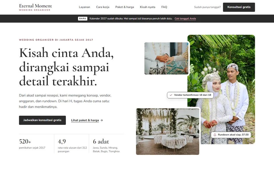 Paro atas demo landing page Eternal Moment, wedding organizer