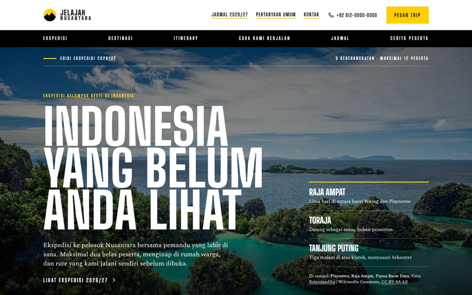Paro atas demo landing page Jelajah Nusantara, tur & perjalanan