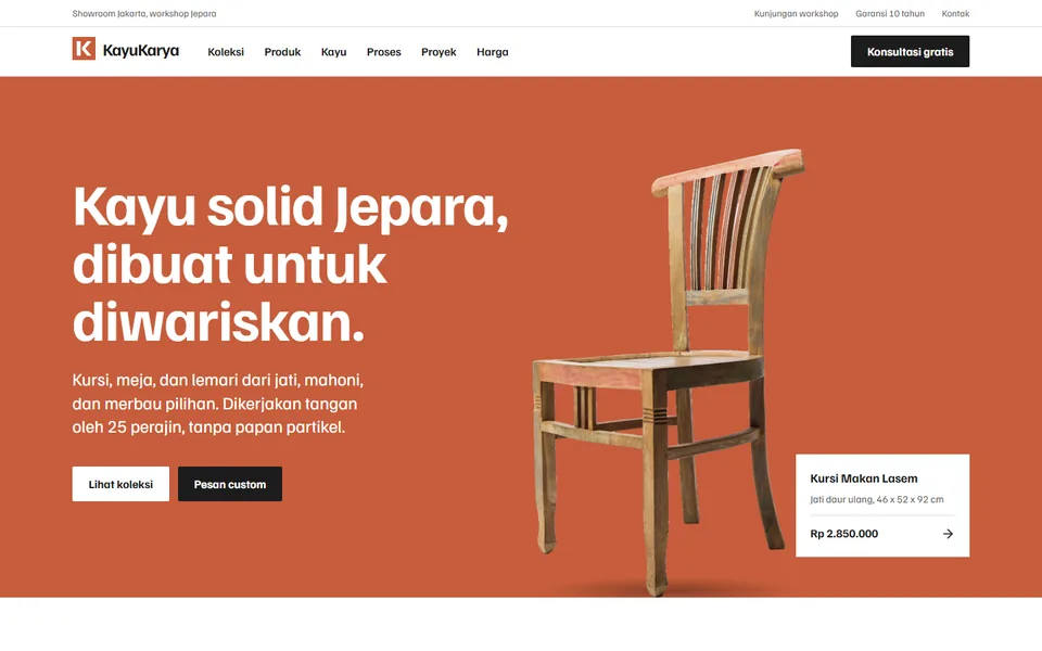 Paro atas demo landing page KayuKarya, furnitur kayu solid