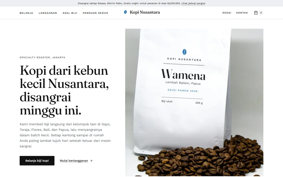 Paro atas demo landing page Kopi Nusantara, kedai & roastery kopi