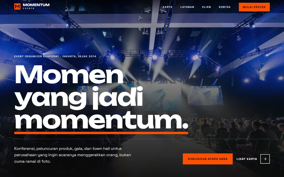 Paro atas demo landing page Momentum Events, event organizer korporat