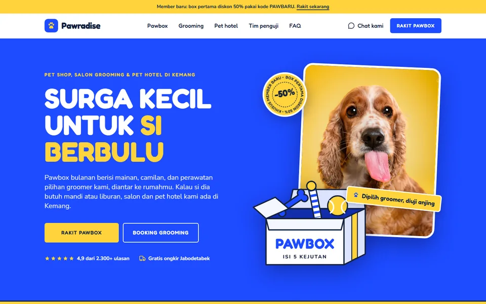 Paro atas demo landing page Pawradise, pet shop & grooming