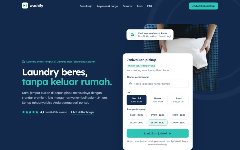 Paro atas demo landing page Washify, laundry antar-jemput