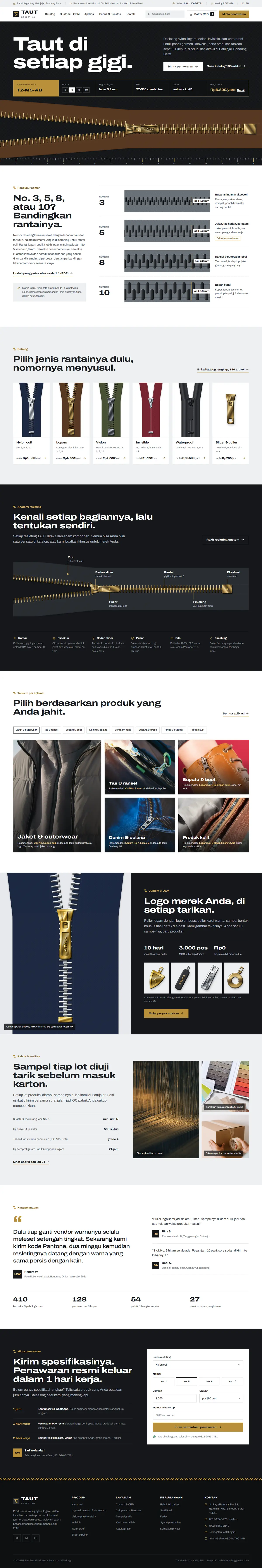 Mockup halaman beranda dari konsep desain produsen resleting, tampilan desktop