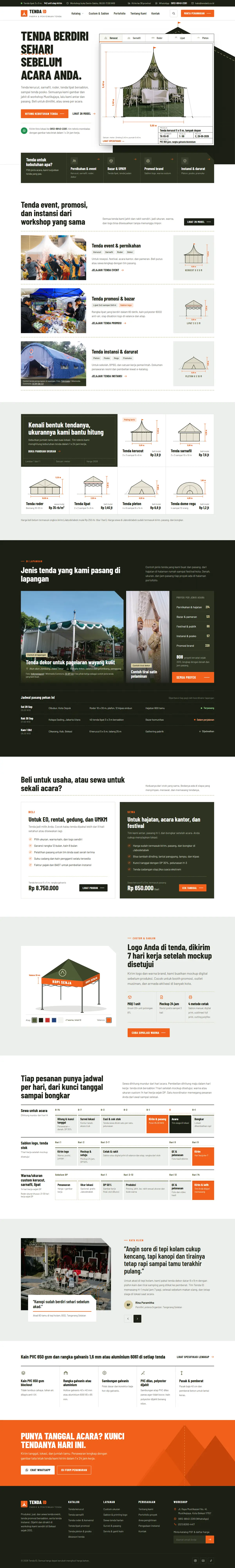 Mockup halaman beranda dari konsep desain pabrik dan penyewaan tenda, tampilan desktop