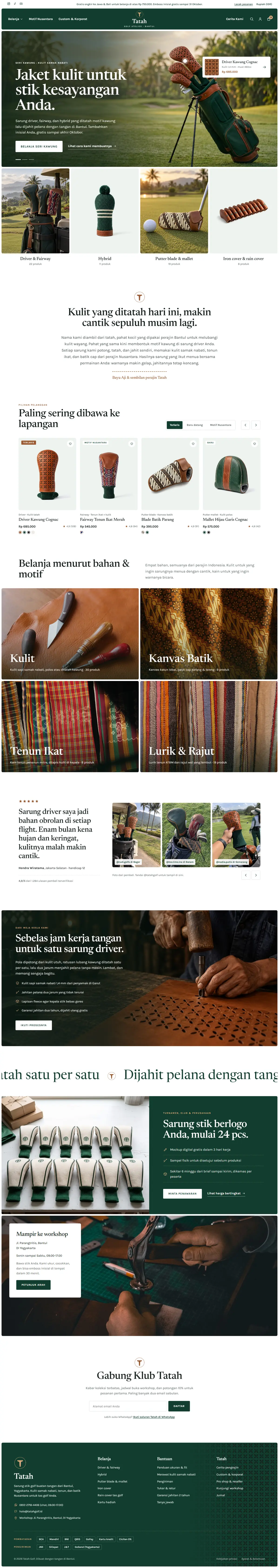 Mockup halaman beranda dari konsep desain sarung stik golf buatan tangan, tampilan desktop